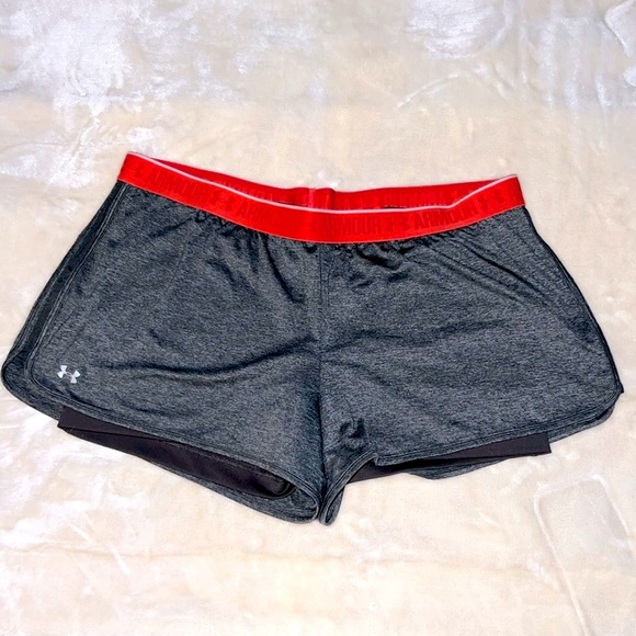 UNDER ARMOUR 🩳 2-in-1 GRAY/RED ATHLETIC SHORTS w/BUILT-IN COMPRESSION SHORT XXL - Picture 3 of 10